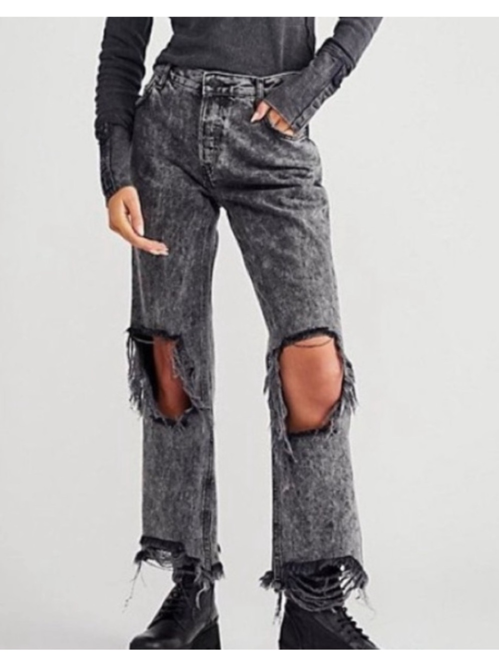 Free People Gray Acid Wash Maggie Distressed Straight Leg Jeans Bottlerocket NWT